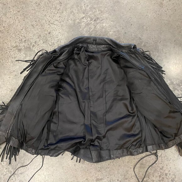 Black Leather Vintage Biker Jacket with Fringe and Rose Detail - Picture 6 of 13